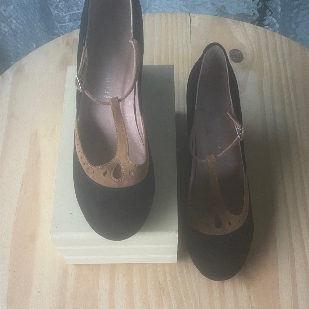 Jeffrey Campbell suede Black and Brown T-Strap wedge heels